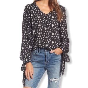 Hinge Black Floral Tie-Sleeve Blouse | V-Neck Flowy Top | Women’s Size L
